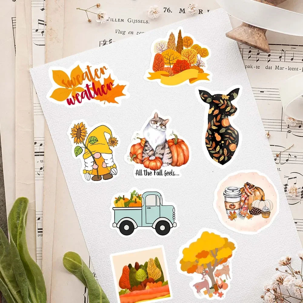 stickers automne orange jaune rouge feuilles citrouilles gnomes animaux illustration cartoon adhésifs mignons vintage