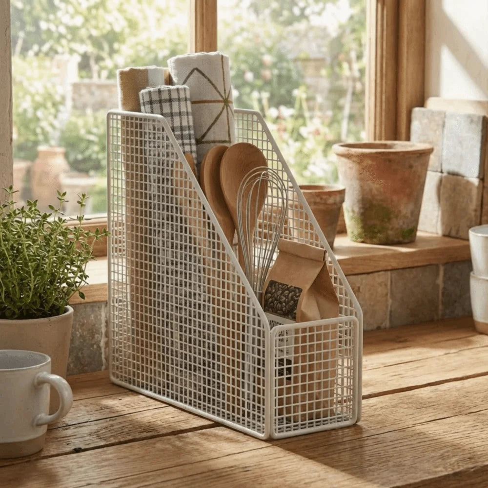 organisateur rangement noir maille métallique moderne réutilisable ustensiles cuisine bouteilles livres antirouille capacitaire