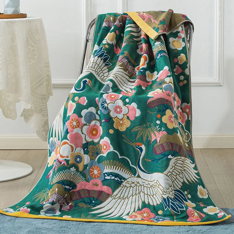 serviette bain coton fleur motif floral séchage rapide absorption eau oriental traditionnel vert beige