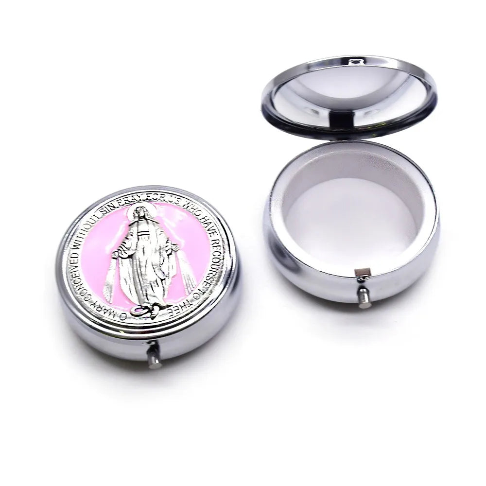 miroir compact argenté bleu doré violet rose religieux classique vierge marie texte