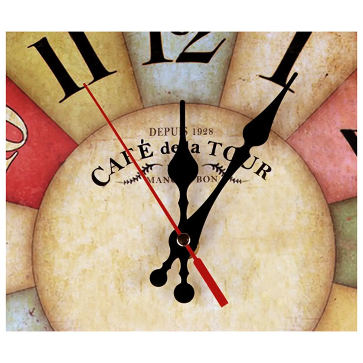 horloge murale vintage rustique couleurs vives chiffres grands effet vieilli analogique