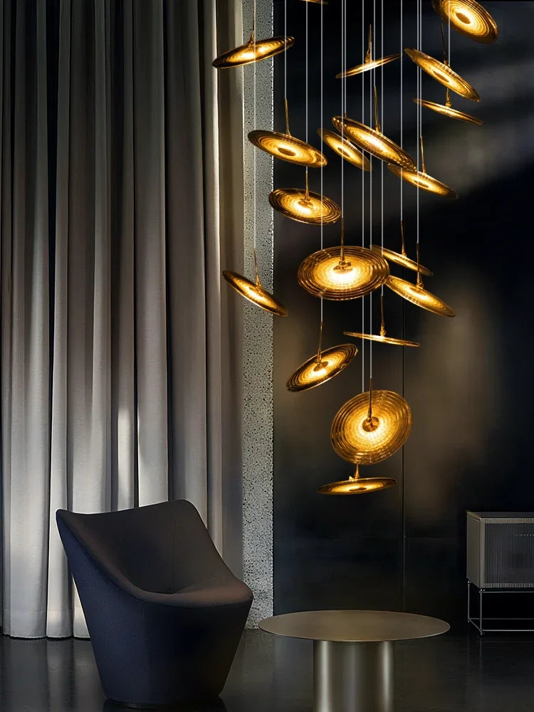 luminaire suspension led doré cristal rond contemporain salon escalier lustre haut
