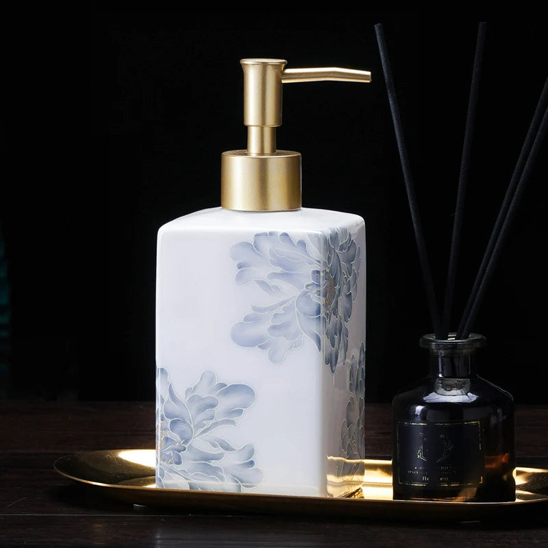 distributeur savon liquide céramique blanc bleu fleurs classique salle bains 280ml 450ml
