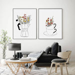 affiches art minimaliste moderne fleurs tasse salon cuisine décoration maison blanc noir