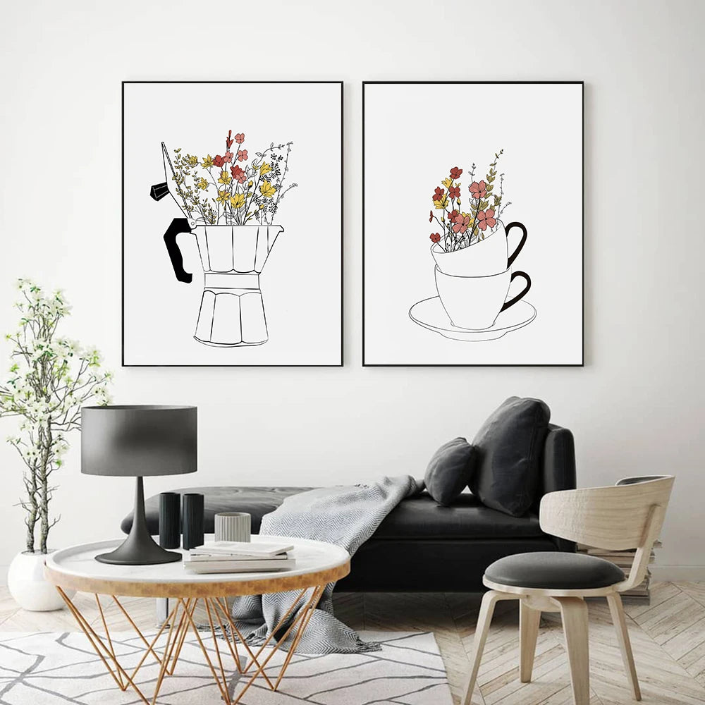 affiches art minimaliste moderne fleurs tasse salon cuisine décoration maison blanc noir