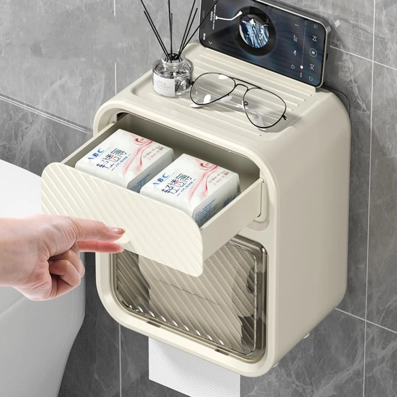 distributeur papier toilette mural adhésif moderne minimaliste blanc beige texture striée