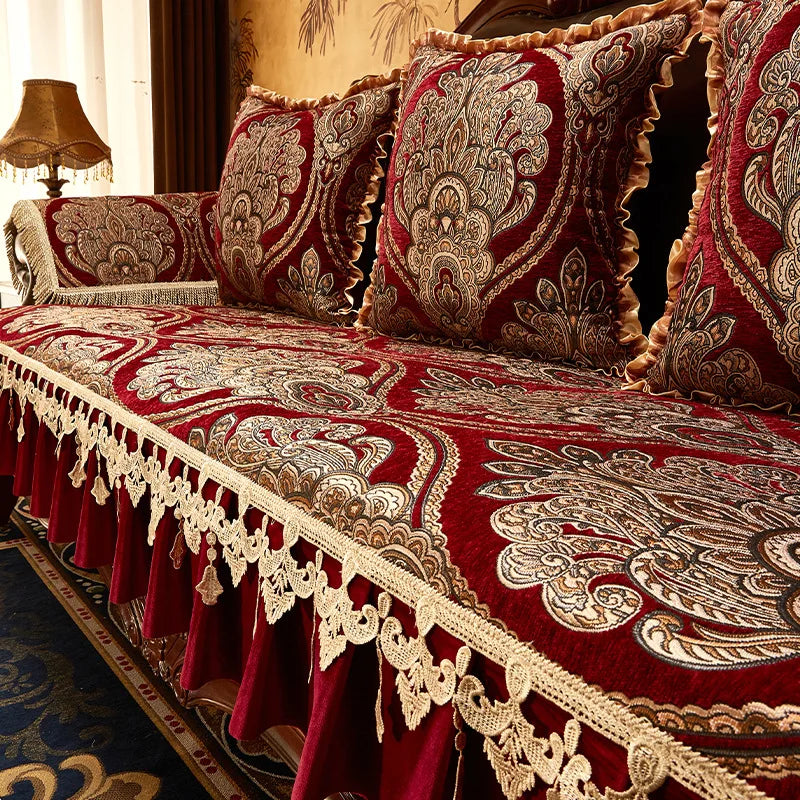 couvre siege canape rouge bordeaux beige broderie complexe anti slip tout saison