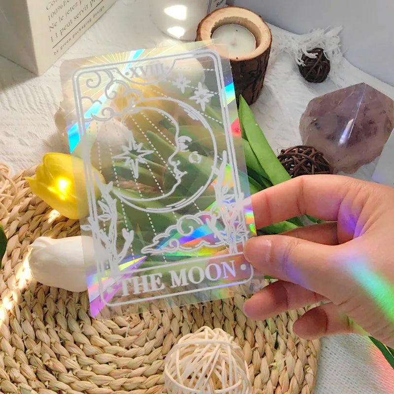étiquettes solaires holographiques transparentes motifs planètes chats soleils modernes adhésives blanches minimalistes