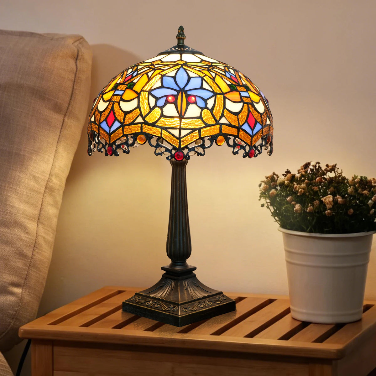 lampe table tiffany multicolore art nouveau motifs floraux 49cm hauteur 19cm socle interrupteur basique