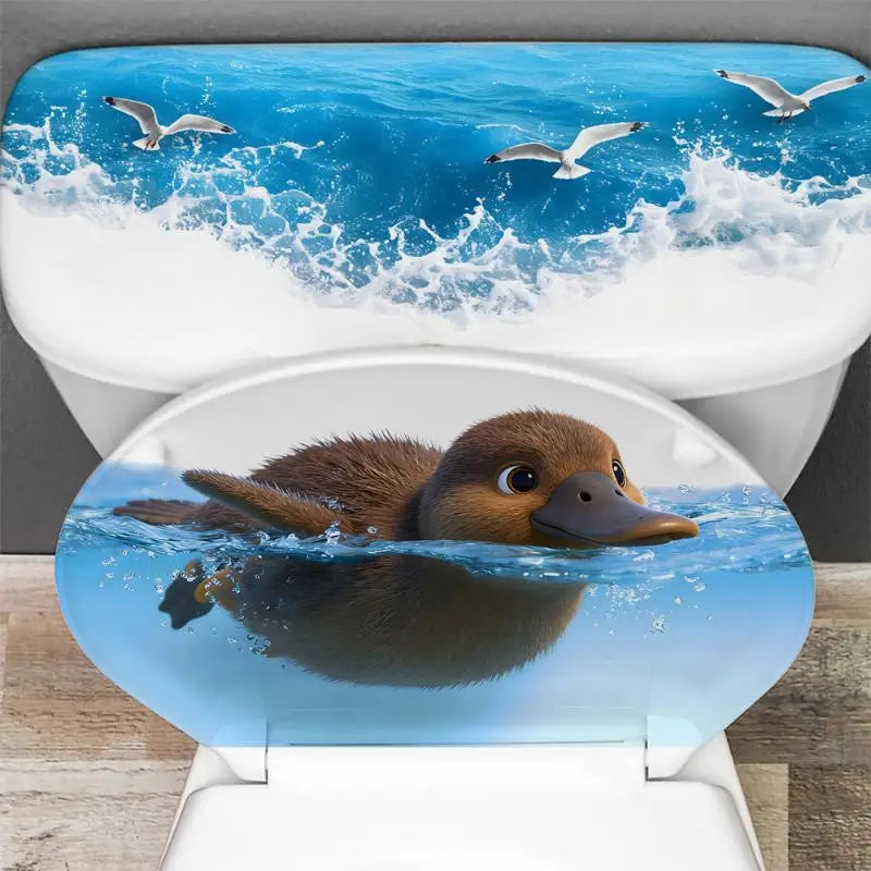 cache siège toilette adhésif oiseaux canard poussins vague eau blanc bleu marron jaune gris