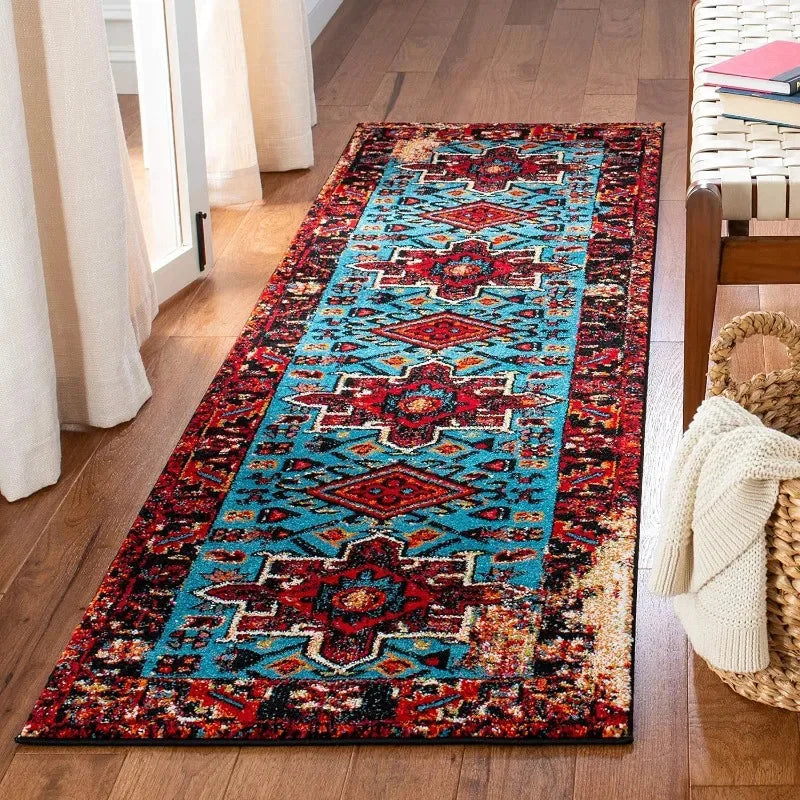 tapis géométrique bohème rouge bleu noir polyester salon chambre moderne