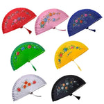 éventail pliant bois ajouré double face fleurs colorées ruban pompon rouge rose bleu vert