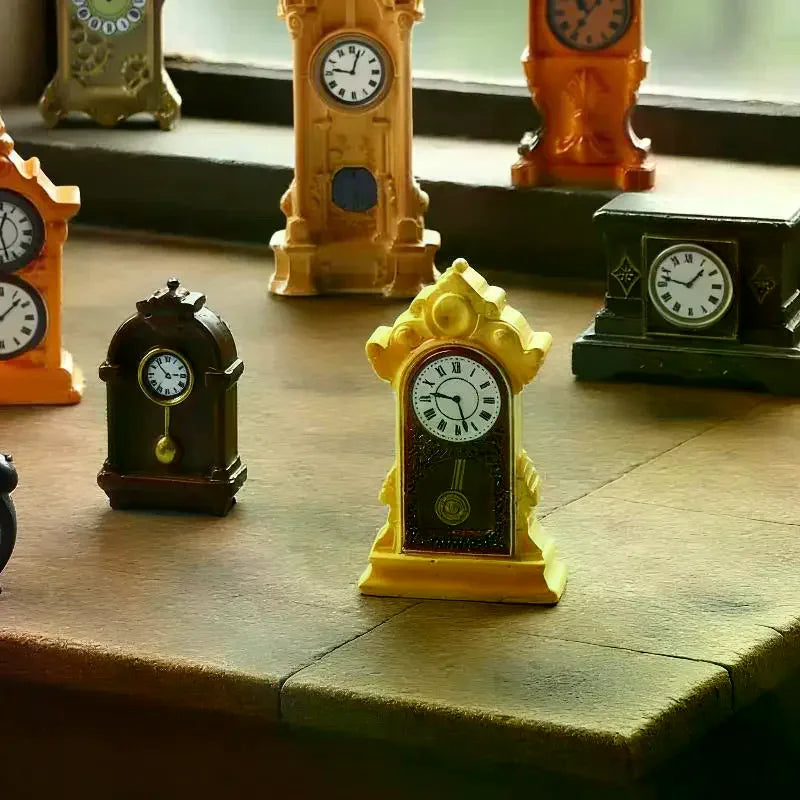 horloges décoratives vintage résine ornées détails floraux géométriques orange noir marron jaune