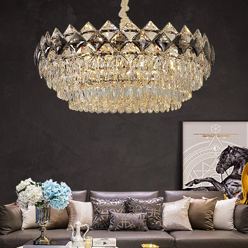 lustre cristal géométrique doré moderne élégant salon lumière chaîne vitrail haute qualité