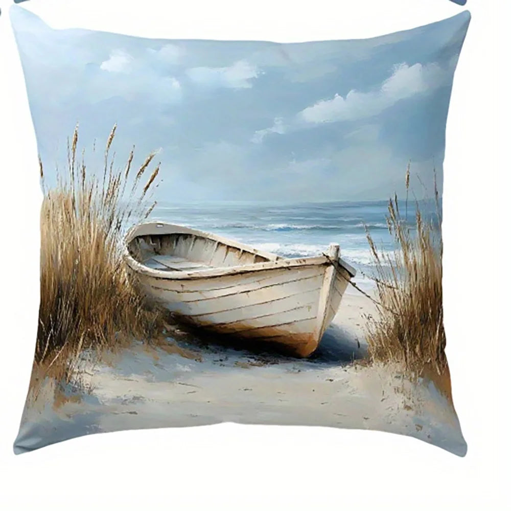 coussin decoratif plage phare bateau ancre ciel nuageux bleu blanc vert maison pilotisintérieur polyester