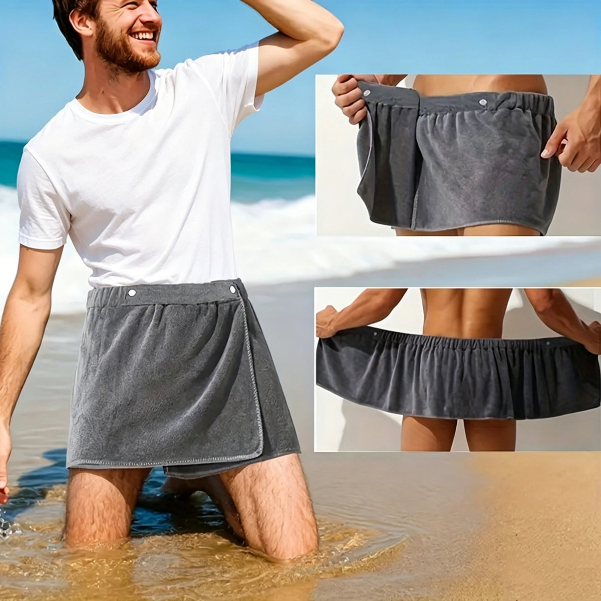 serviette bain enveloppante homme gris velours moderne absorbant boutons ajustables toilette plage camping