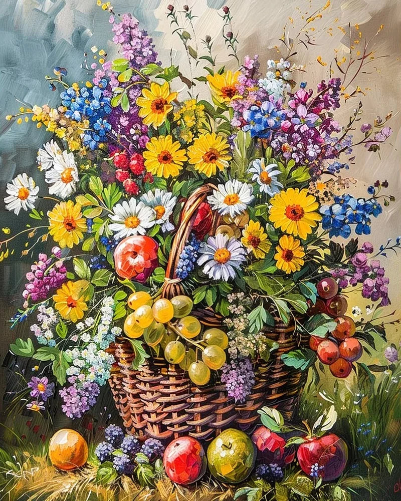 tableau peindre fleurs fruits panier toile multicolore starter kit pinceaux peintures crochets vis débutants