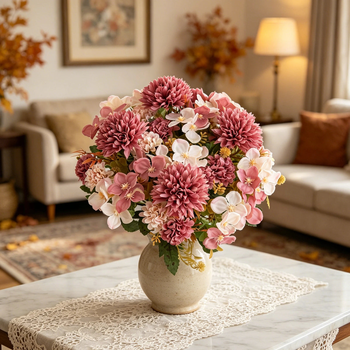 décoration intérieure bouquet fleurs artificielles rose chrysanthème mariage anniversaire élégant moderne festive