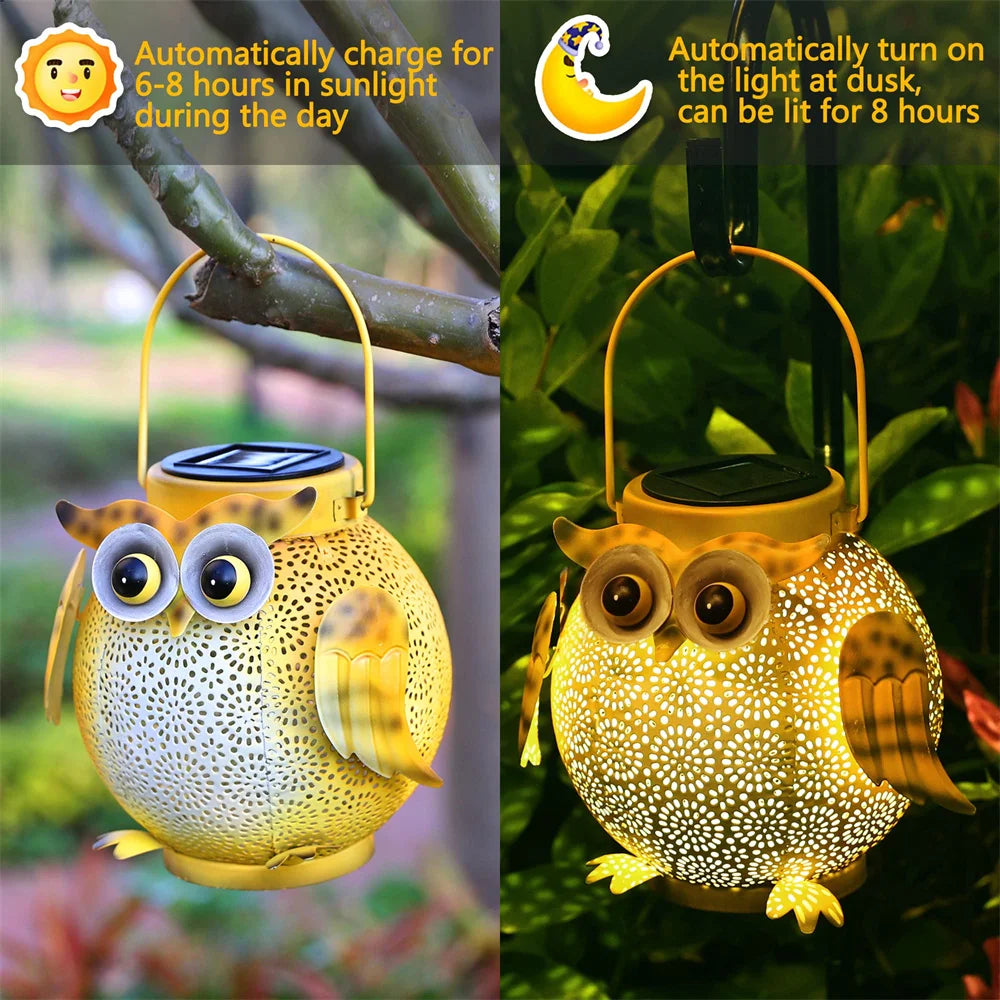 Lanterne solaire hibou suspendue dans un arbre