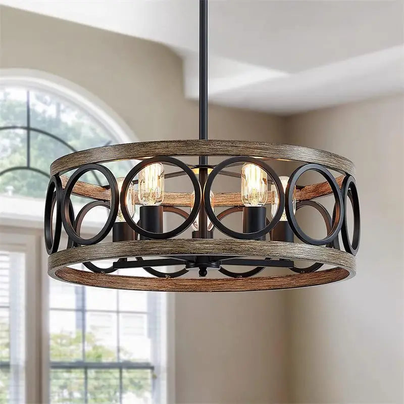 suspension lumineuse moderne rustique noir bois naturel anneaux métal argenté ampoules filament