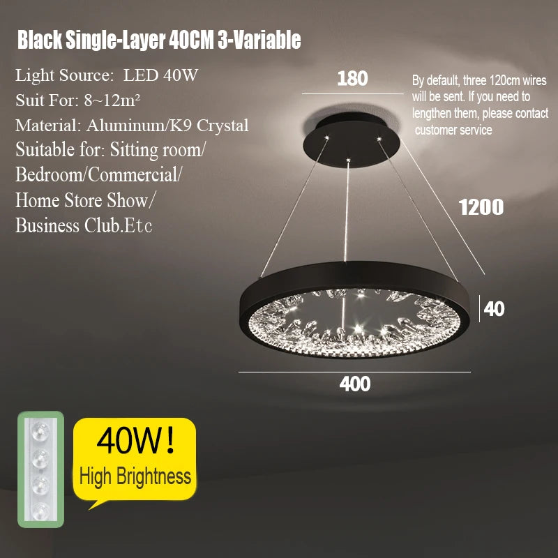 suspension lumineuse moderne or noir strass circulaire chambre salon led