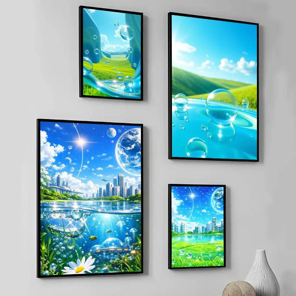 affiche murale moderne paysagiste urbaine fleurs bulles ciel planète cadre