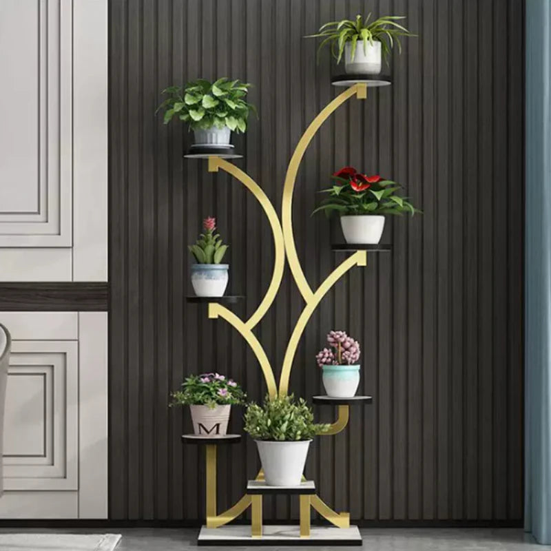 meuble plantes moderne minimaliste noir doré blanc structure arborescente plateaux simples