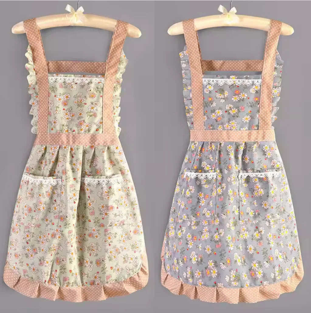 tablier cuisine floral durable réutilisable facile nettoyer couleur rose vert poches dentelle rustic