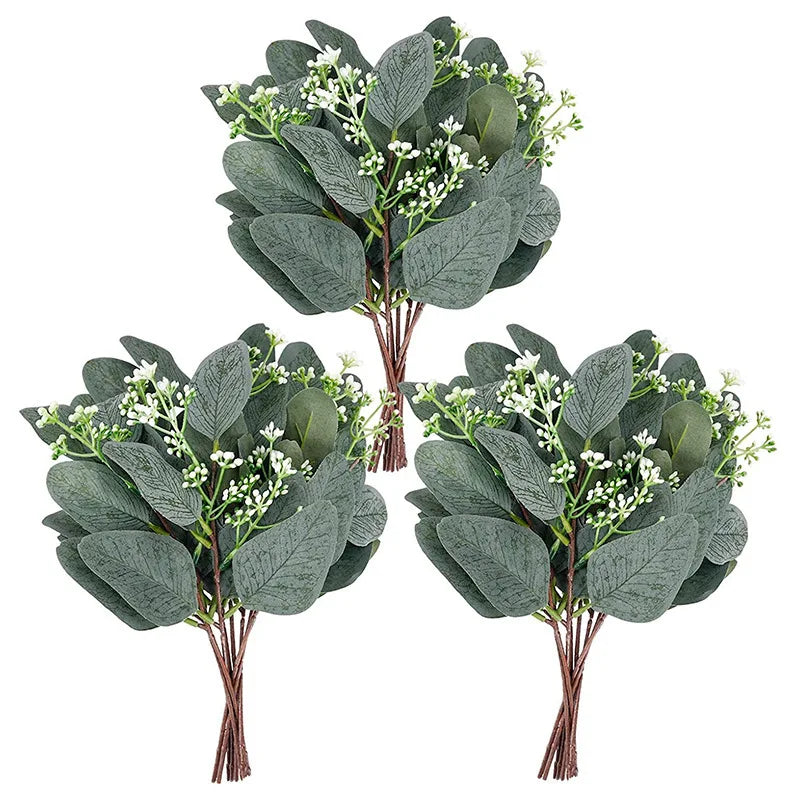 bouquet artificiel branches eucalyptus feuilles vertes fleurs blanches naturel intérieur decoration mariage