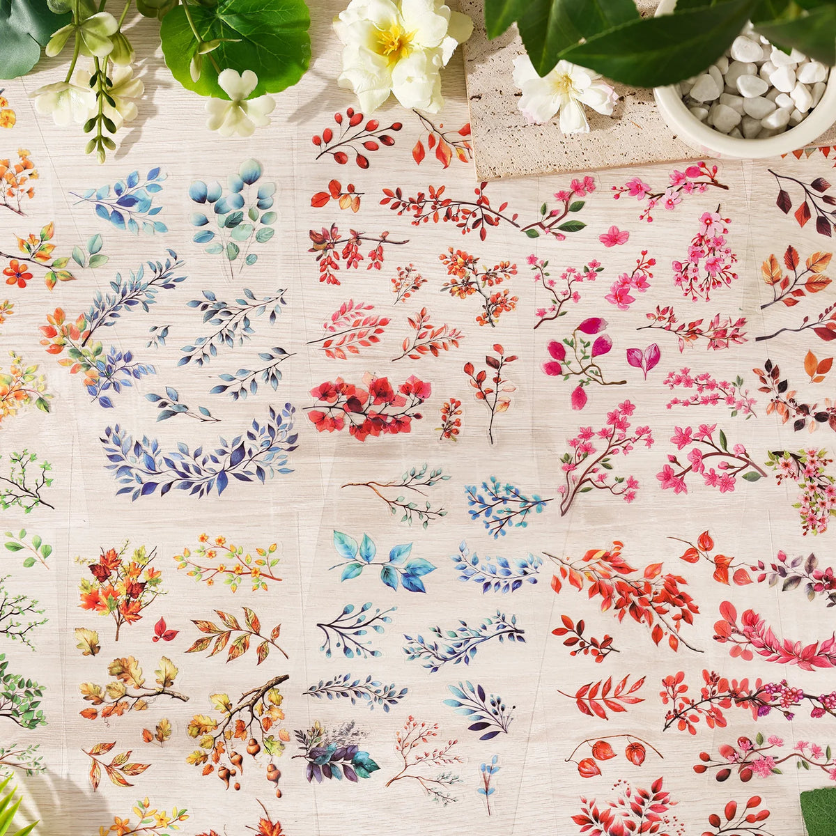 autocollants transparents feuilles branches diverses couleurs adhésif scrapbooking collage diy journal