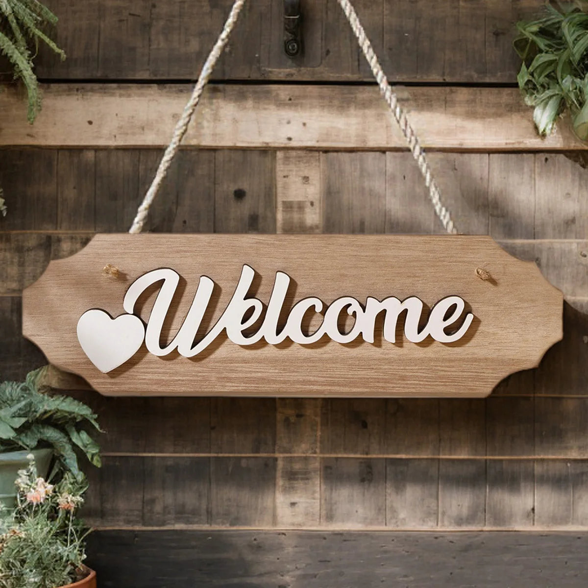 panneau decoratif bois naturel blanc moderne rectangle accroche mur decoration bienvenue cœur classique