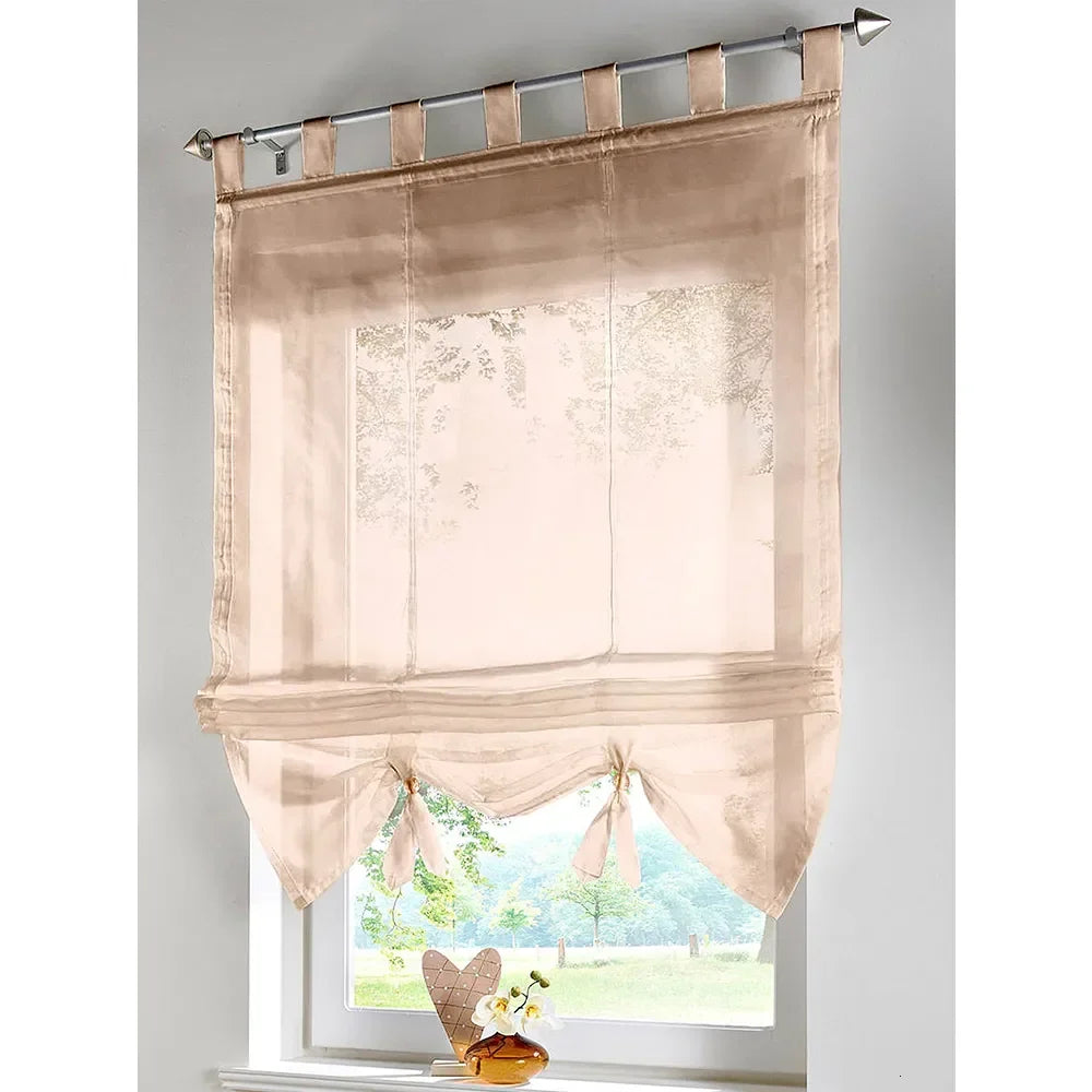 rideau transparent romain brodé couleurs multiples tissu léger plis horizontaux rubans verticaux décoratif
