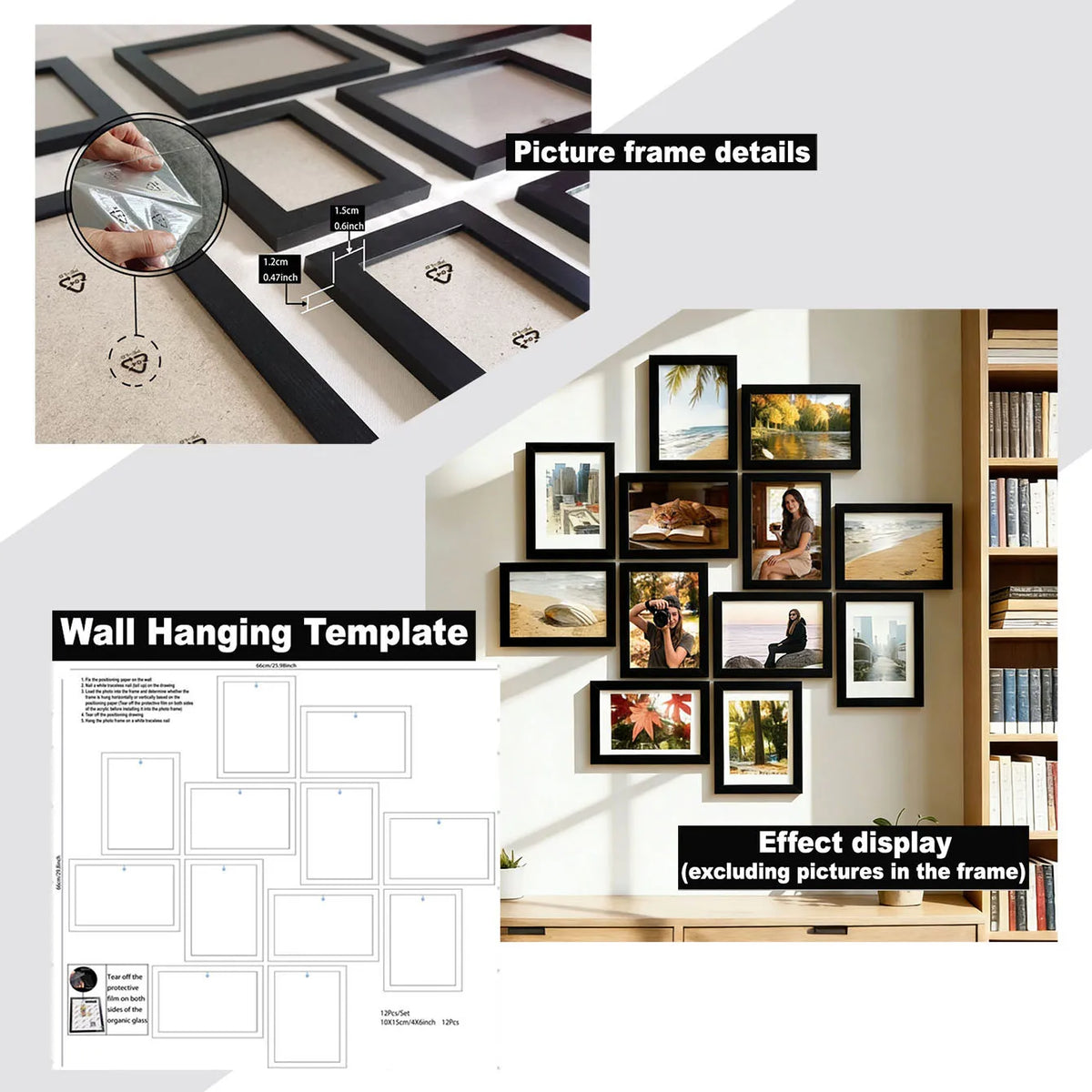 Cadres photo bois modernes noirs naturels set 12 plan