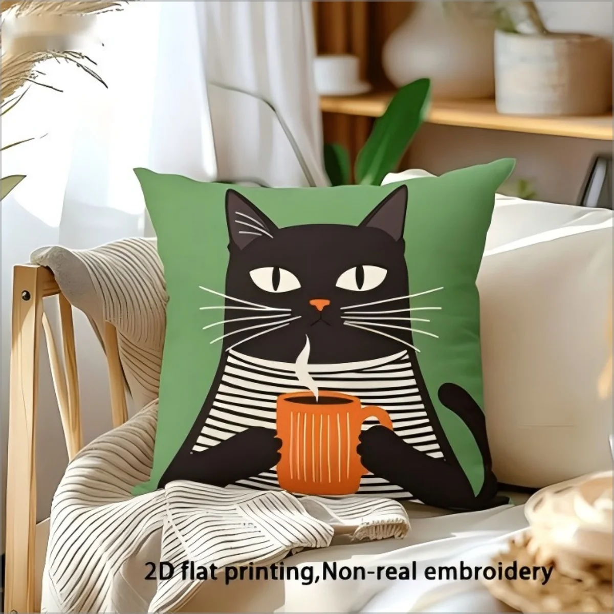 coussin carré imprimé chat noir tasse rayures horizontales bleu rose jaune gris vert polyester