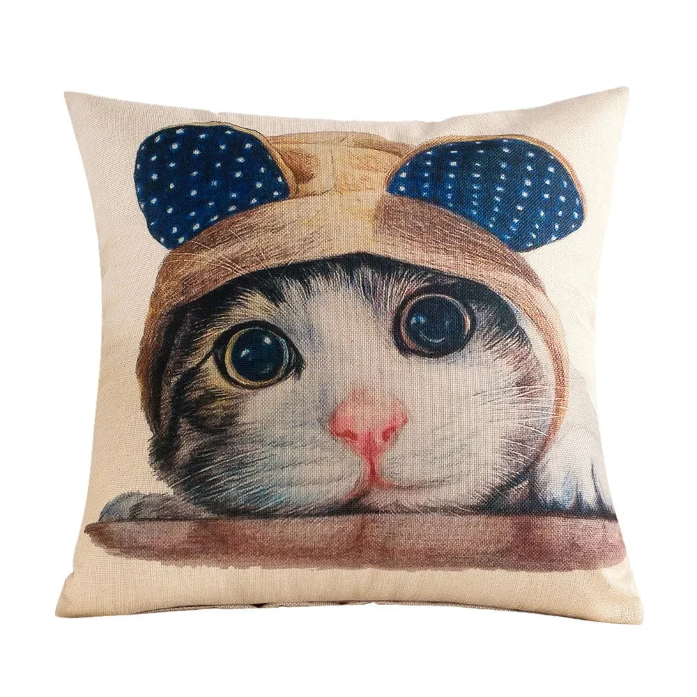 housse coussin carré géométrique chat animé coton lin moderne salon chambre voiture