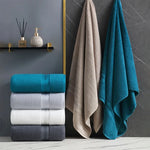 serviettes bain coton absorbantes douces rose clair gris blanc beige bleu marine rayures dorées