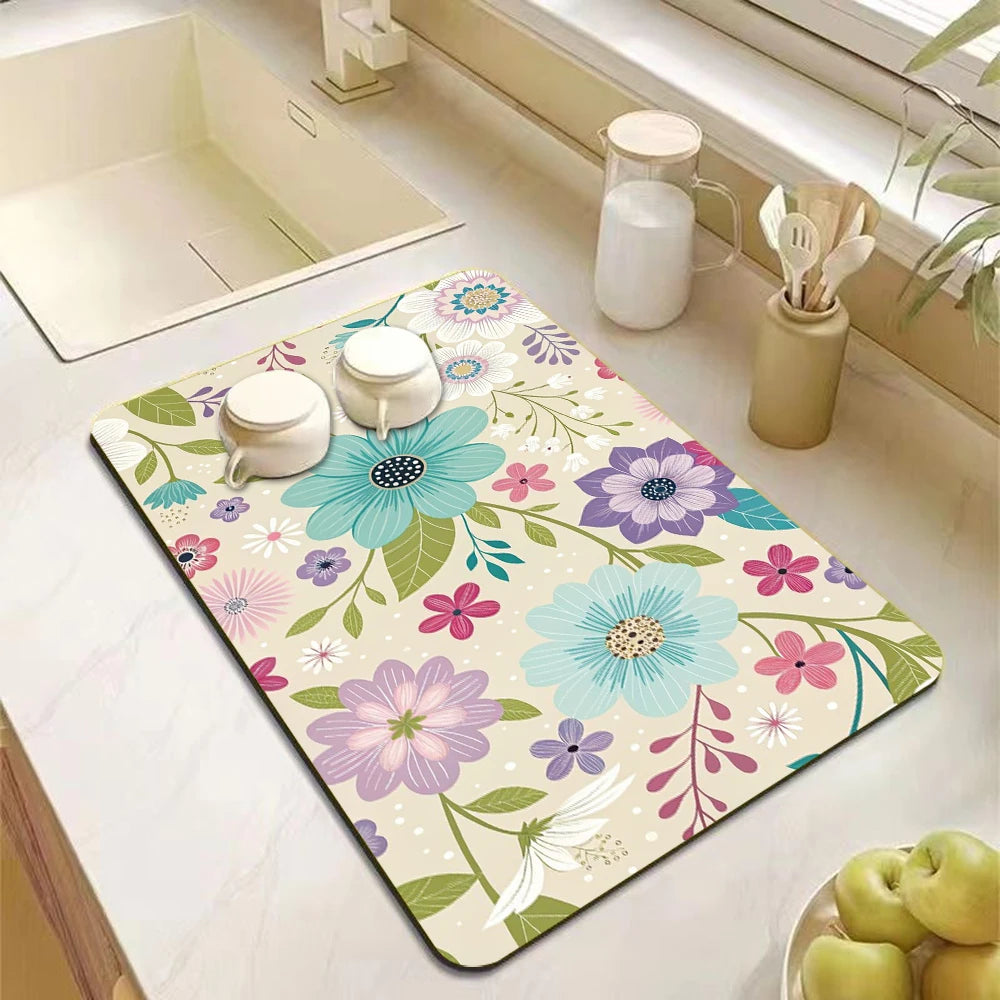tapis cuisine gris motif floral moderne caoutchouc absorbant imperméable antidérapant vaisselle séchage