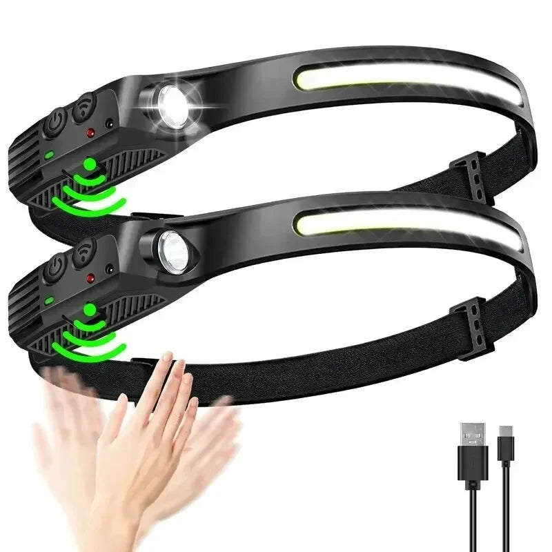 lumière frontale led rechargeable usb deux bandes élastiques jaunes noir sportive cours pêche travail