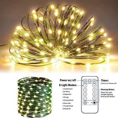 Guirlande lumineuse LED verte 100m enroulée autour d'un arbre dans un jardin