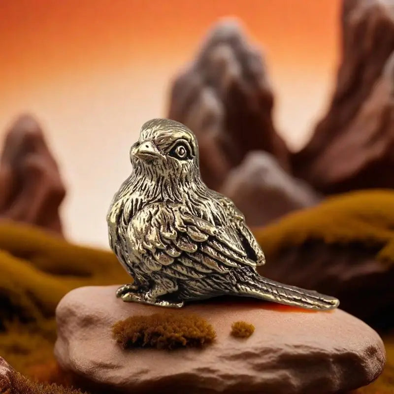 statuette oiseau plumes détaillées texture rugueuse nid d'oiseaux bout tronc arbre rochers mousse ornement