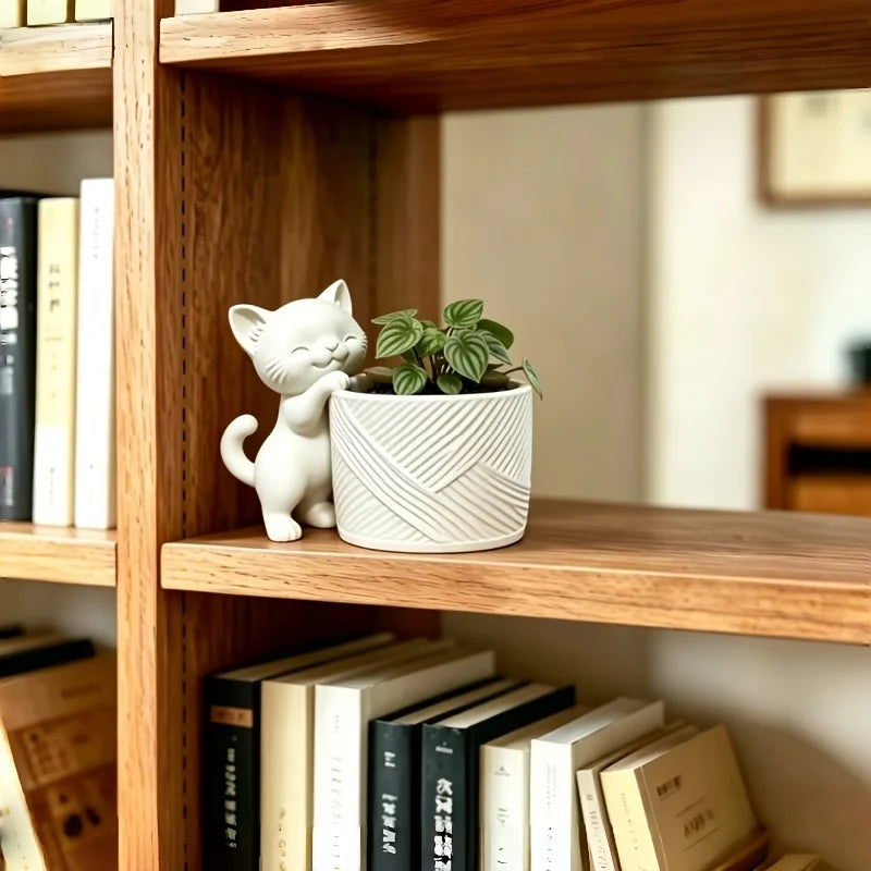 cache pot moderne blanc rayures diagonales figurine chat succulente plante aérienne décoration intérieure ornement