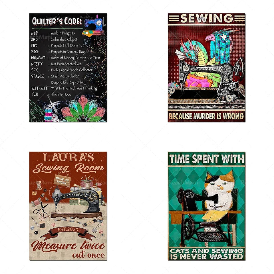 Quatre affiches vintage sur le thème de la couture et du patchwork, avec des illustrations ludiques et des textes humoristiques.