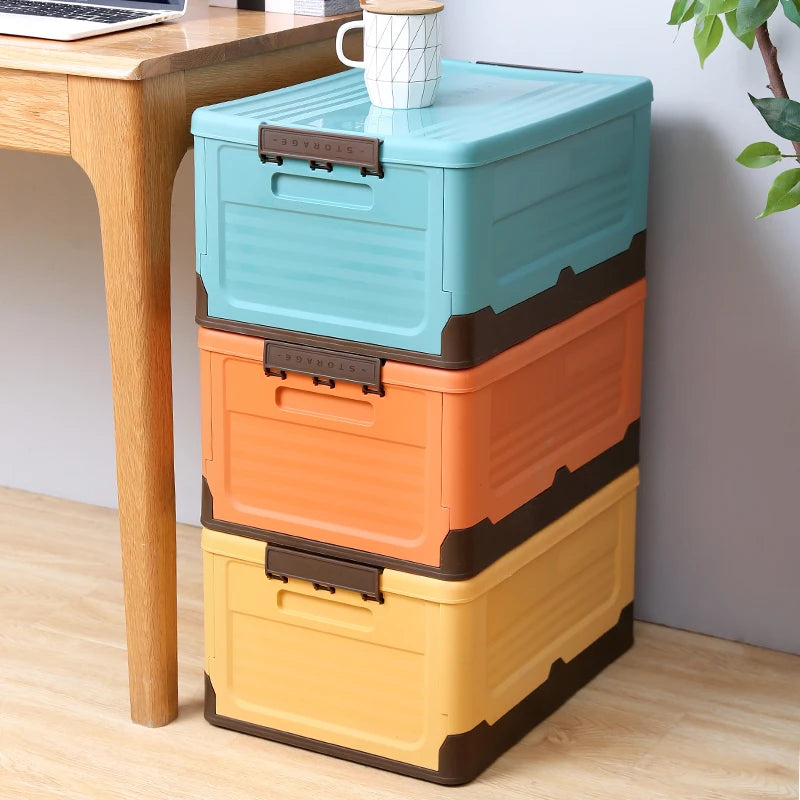 boîtes rangement pliables bleu orange jaune rétro moderne poignées couvercle pratique organisation affaires