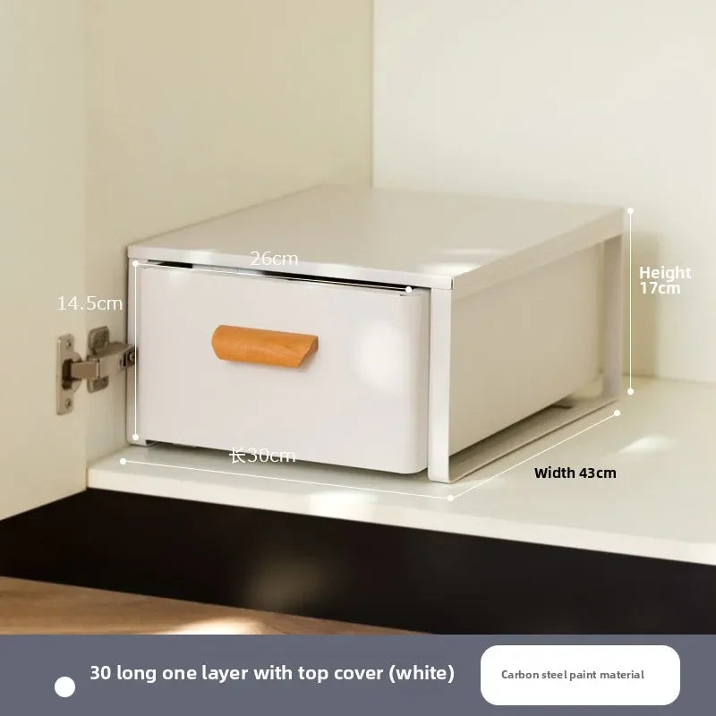 meuble tiroirs cuisine gris blanc poignées bois rangement sous évier