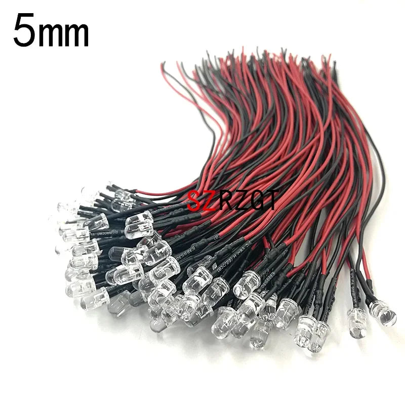 ampoules led pré câblées 5mm 3mm transparentes opalescentes rondes lisses fil rouge noir diodes