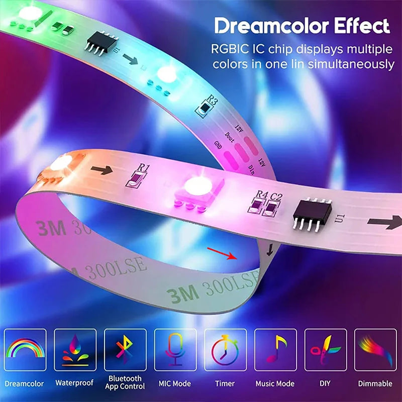 ruban led multicolore rayures horizontales adhésif controle application mobile led 5050 ws2812bRGBO