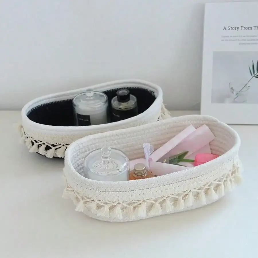 panier rangement tissu coton blanc franges boho chic savon parfum téléphone bougie