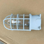 Lampe sécurité industrielle vintage fonte noire bronze bleu clair verre transparent grille métallique