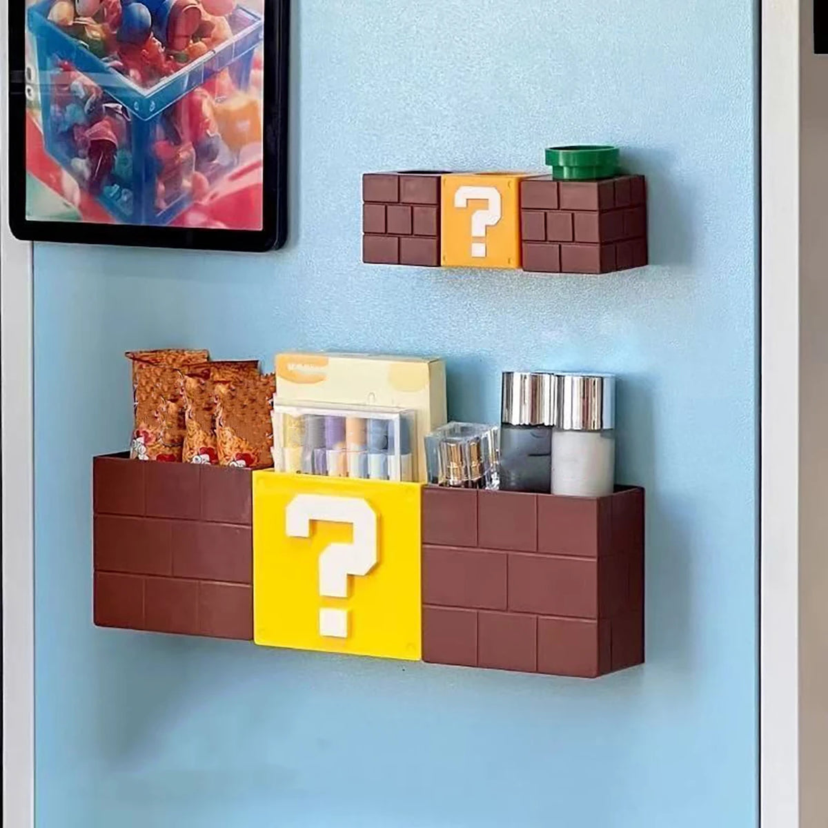 organisateur mural blocs question mark brique jeu vidéo super mario blanc vert jaune marron