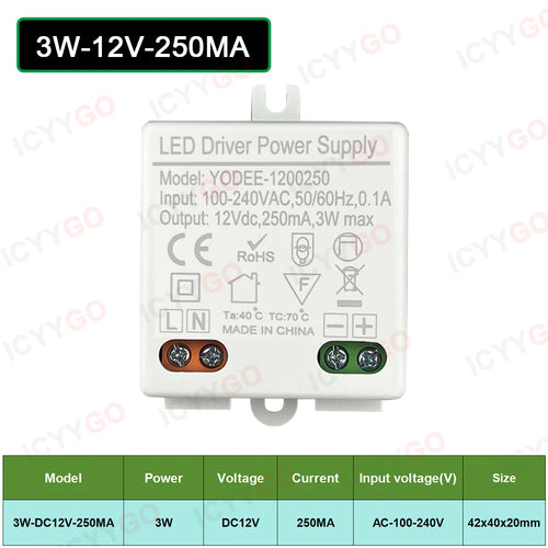 alimentation led 12v 24v 3w 6w 10w 12w 250ma 500ma 600ma 830ma transformateur blanc